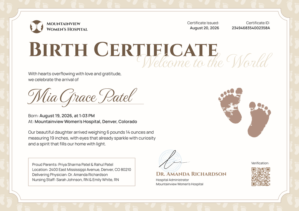 Modern and heartfelt baby birth certificate template