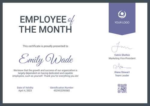 Simple and streamlined employee of the month certificate template landscape